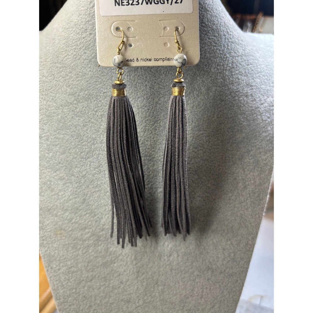 #11. Grey Suede fringe earrings gold tone
